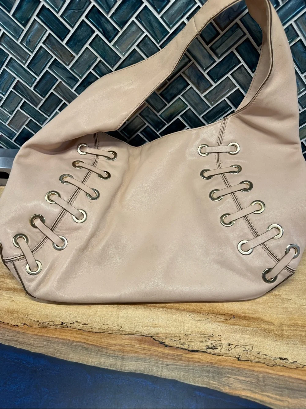 Michael Kors Blush Leather Tassel Hobo with Gold Eyelets